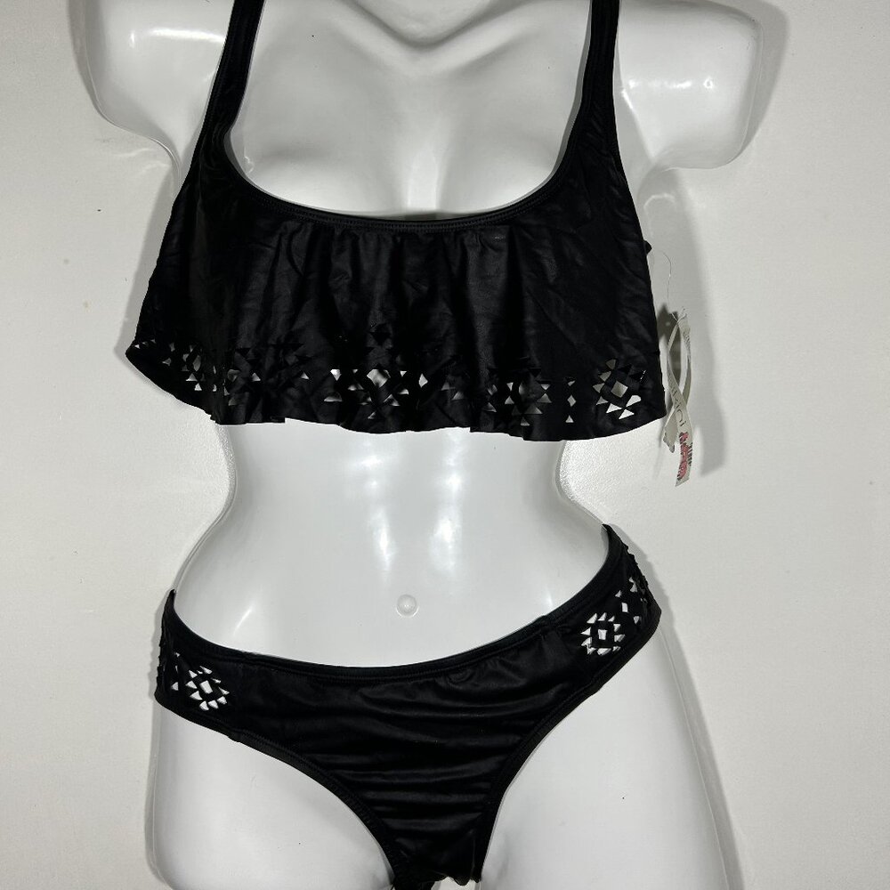Black Swimsuit two piece size medium over shoulder strap swimwear Bikini Lab NWT